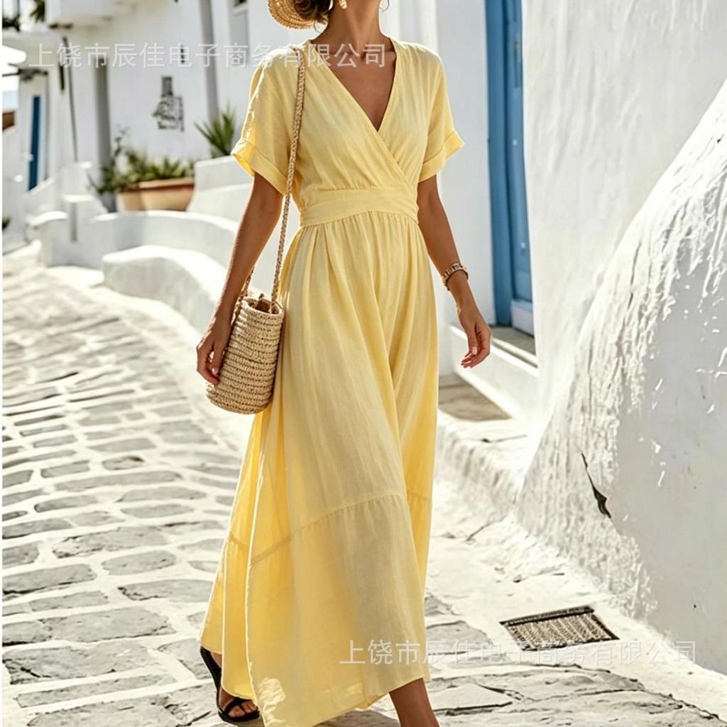 Holiday style seaside v-neck loose long dress summer new simple dress