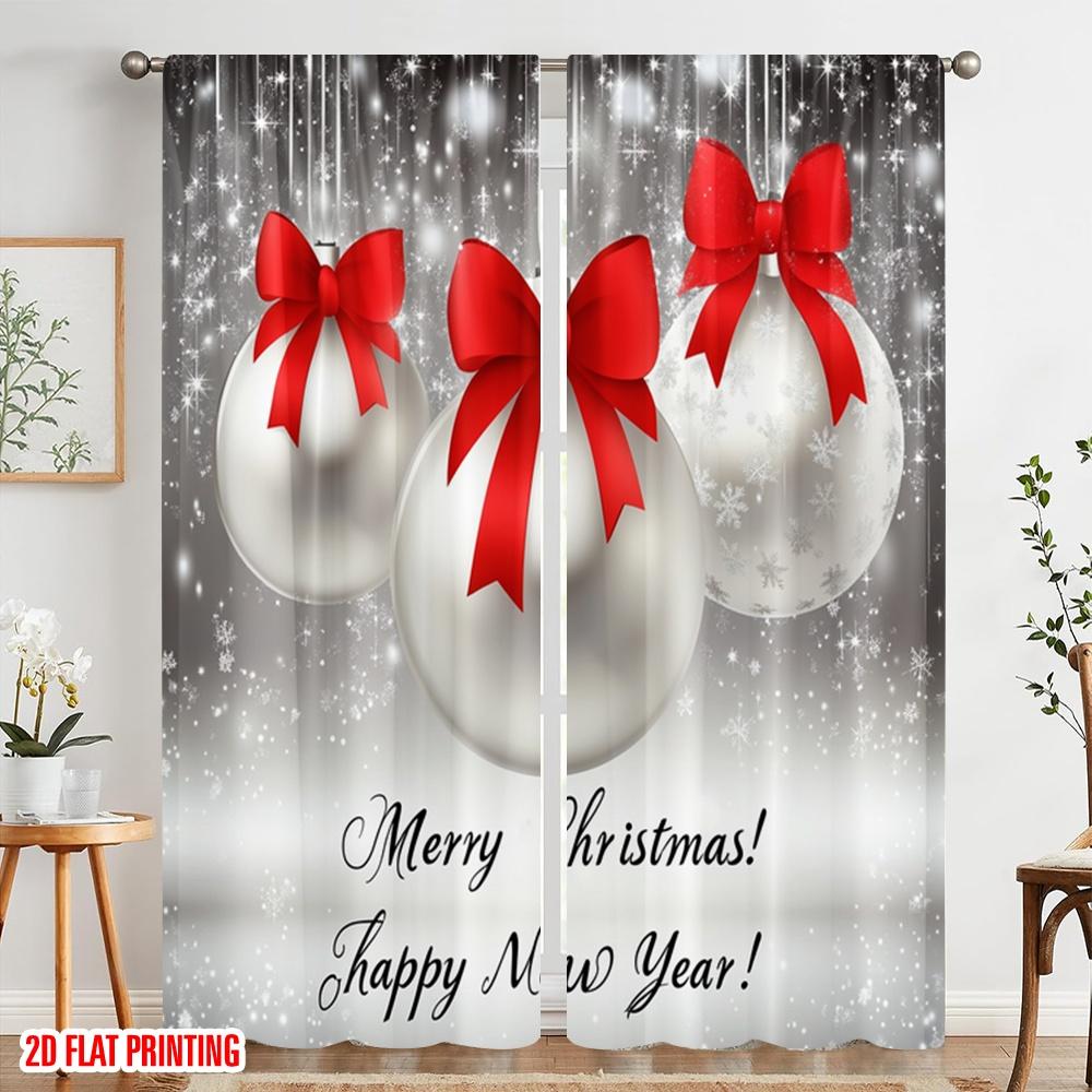 2pcs,2D Plane Printing Minimalist Curtains Christmas Baubles Red Bows (3) Polyester (without Rod) Gifts Use for Bedroom, Living