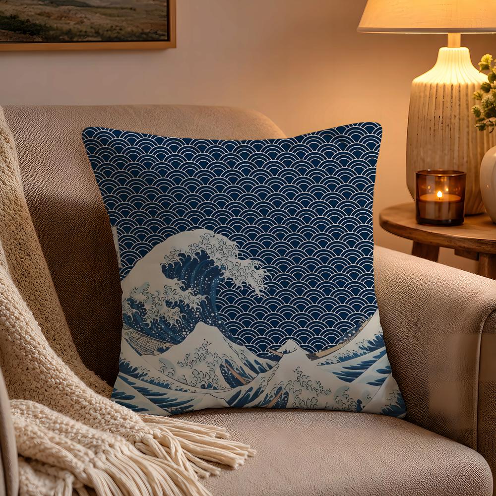 Japanese Waves Anime Cushion Cover Soft Plush Cushion Cover Double Print And Invisible Zipper For Sofa Home Car Use