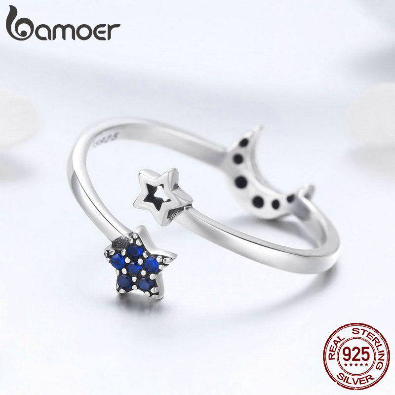 Bamoer Ekte 925 Sterling Sølv Glitrende Blå Måne Stjerne Klar CZ Fingerringer for Kvinner Bryllup