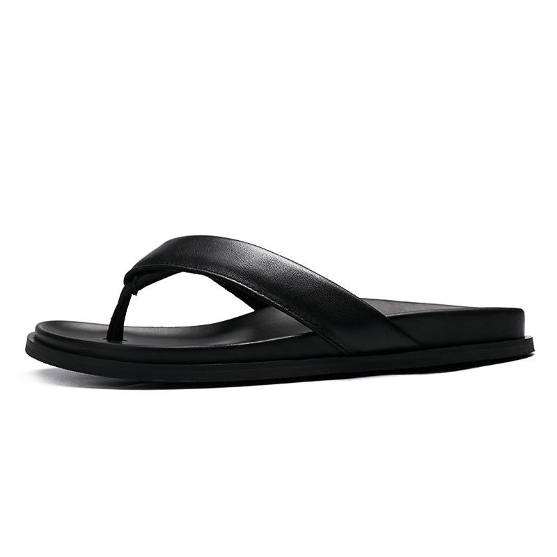 

Мода 2025 Новые мужские плоские дизайнерские нескользящие тапочки Роскошный бренд Натуральная кожа Обувь для ходьбы Дышащие Удобные Домашние Уличные тапочки 38 чёрный