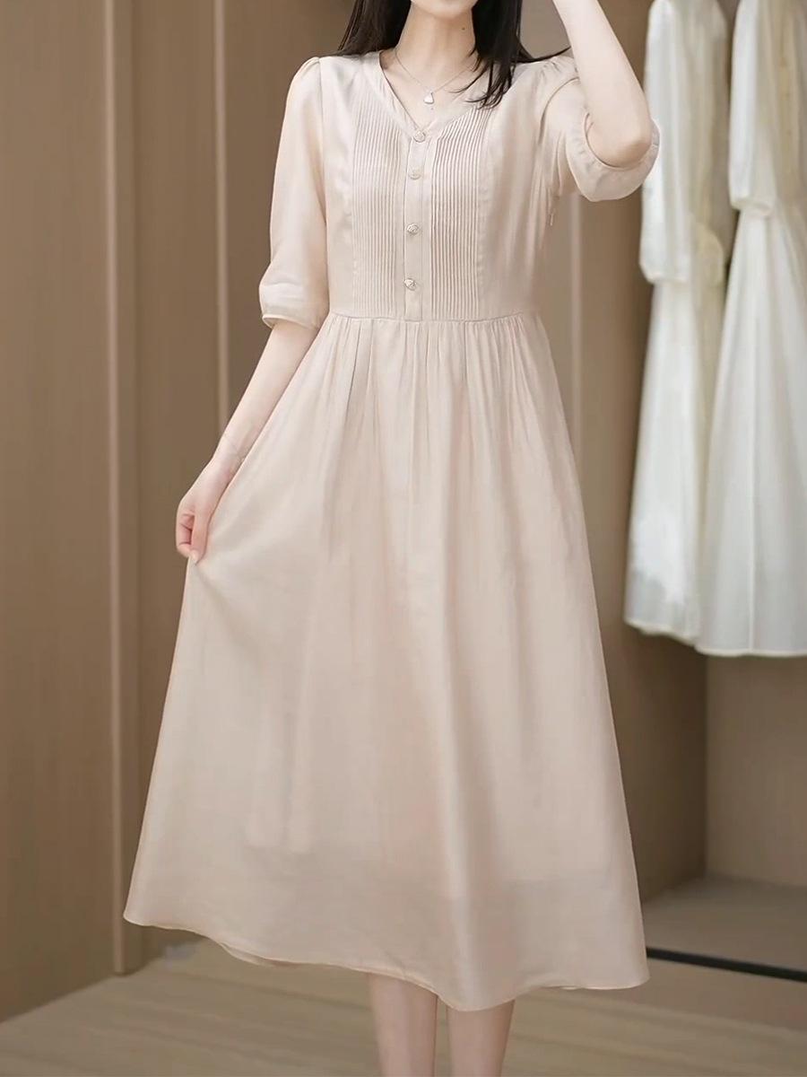 

Лето 2025 года, новое высококачественное изысканное нежное и элегантное однотонное платье для женщин, свободная и тонкая простая юбка в стиле «темперамент» M абрикосовый