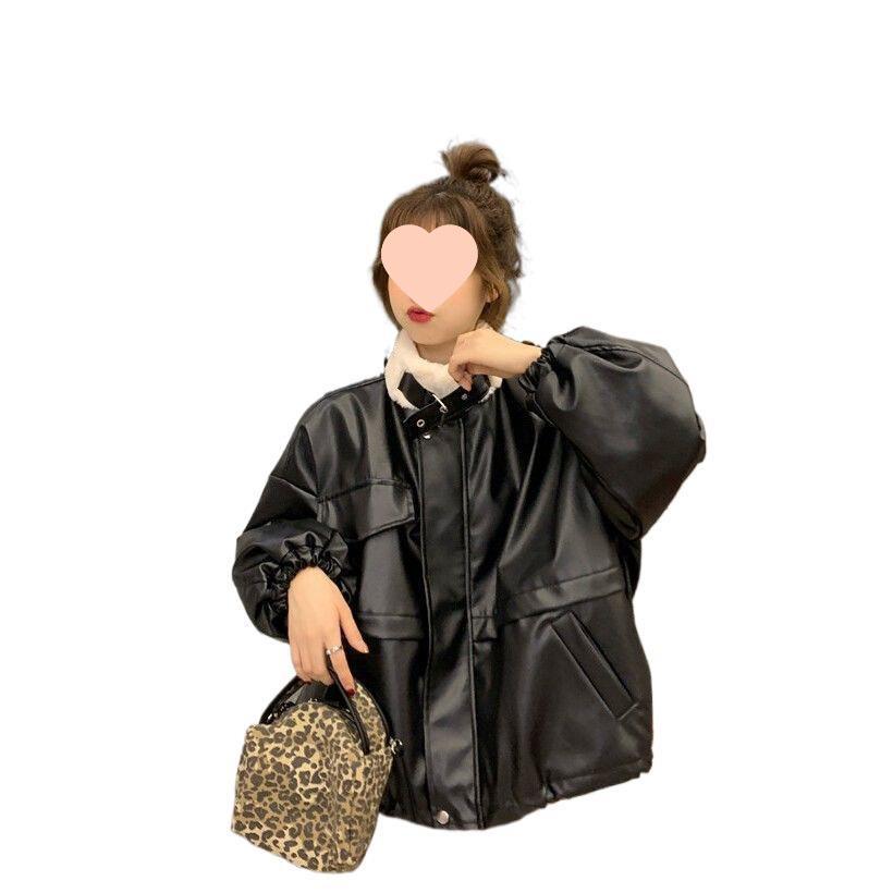 Women's Stylish PU Leather Stand Collar Jacket - Age-Reducing, Plus Velvet, Thickened for Autumn/Winter 2025 Motorcycle Fashion.