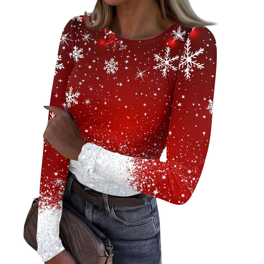 Women's  And Winter Slim Bottom T-shirt Fashion Casual Christmas Printed Round Neck Pullover Long Sleeve Top