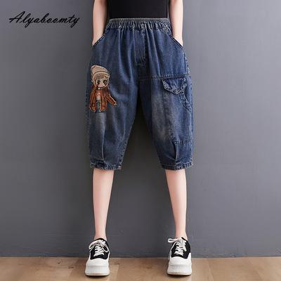 Καλοκαιρινό Γυναικείο Τζιν Κάπρι Μπλε Ντένιμ Κορεάτικου Στυλ Ψηλόμεσο Κεντημένο με Χαρακτήρα Κινουμένων Σχεδίων Καθημερινό Άνετο Μήκους Γόνατος Τζιν με Τσέπες