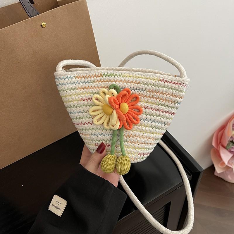 Cotton Rope Woven Bag Cute Flower Shoulder Ins Bucket Women's Beach Cross-body