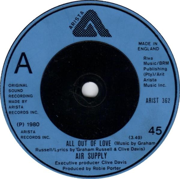 7inch Record AIR SUPPLY - All Out Of Love ARIST362 Arista 1980 UK Rock Used