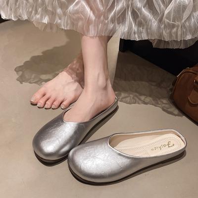 Fashion Large Size Women's Slippers Soft Bottom Flat Bottom Slip-On Comfortable All Day Wear Silver Color Head Covered Sandals