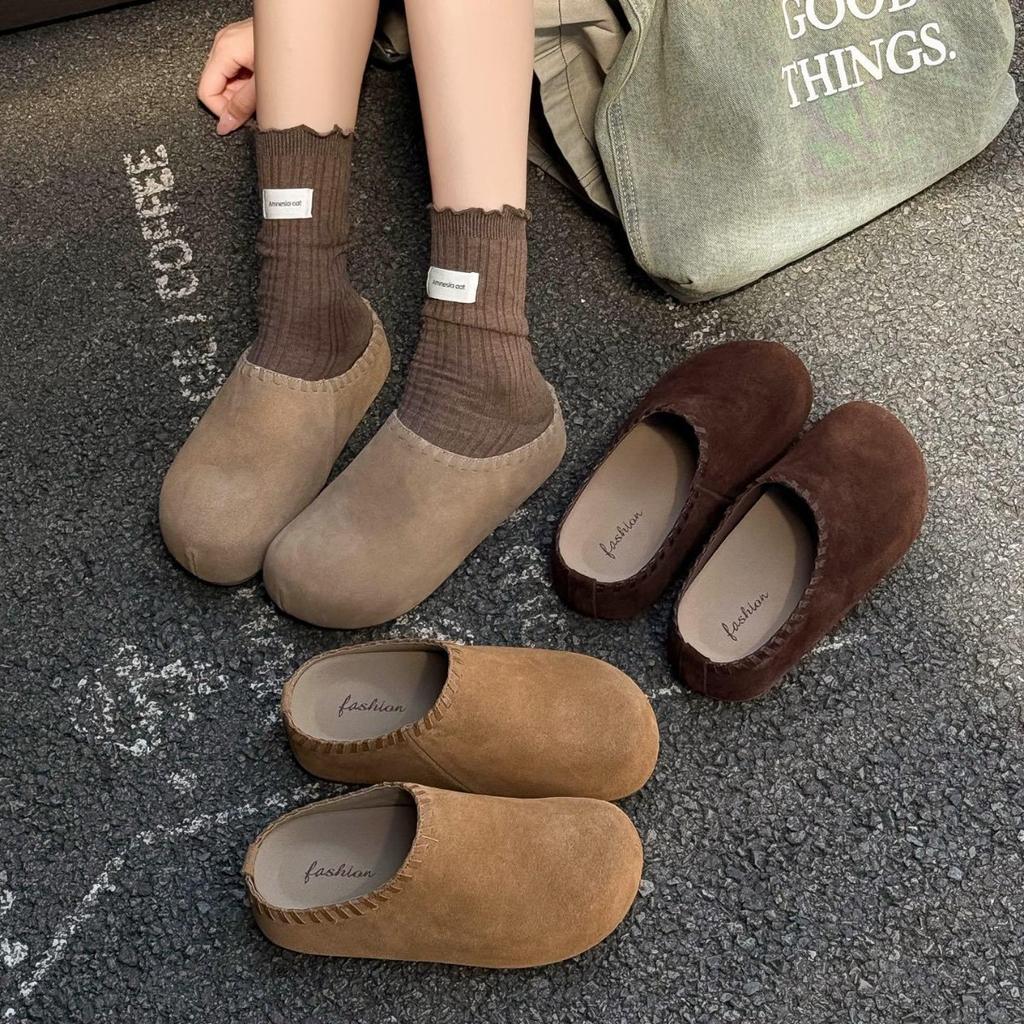 Cowhide Retro Bag Head Half Slippers Women's Outer Wear 2025 New Early Autumn One-pedal Platform Casual Boken Half-tray Shoes
