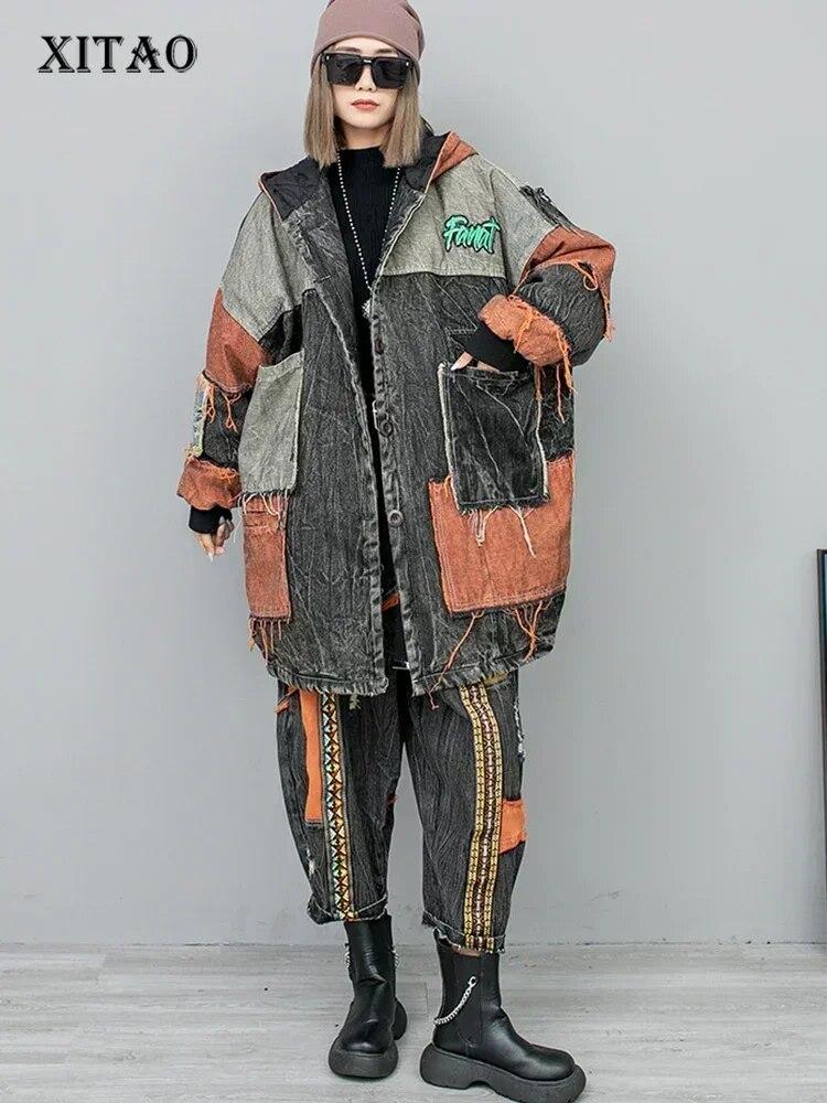 

XITAO Индивидуальные парки, повседневные модные свободные парки с капюшоном контрастного цвета, лоскутные однобортные парки HQQ1783