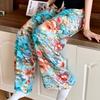Summer Women's Cotton Rayon Loose Fit Soft Homewear Ankle-Length Wide Leg Floral Printed Lounge Pants