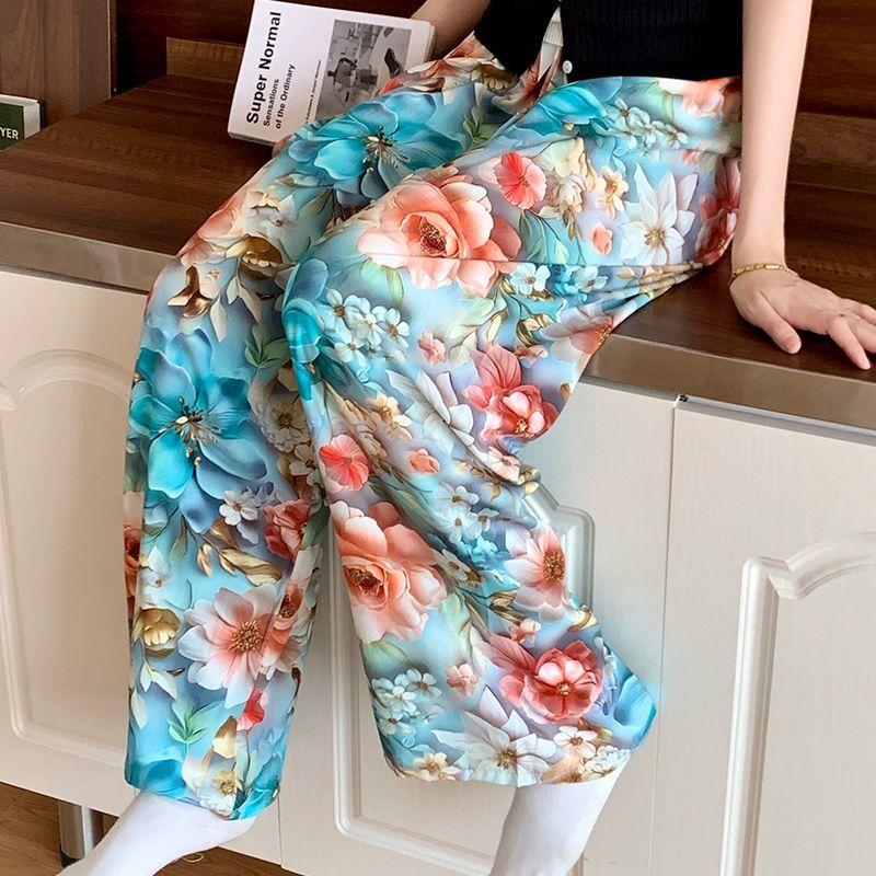 Summer Women's Cotton Rayon Loose Fit Soft Homewear Ankle-Length Wide Leg Floral Printed Lounge Pants
