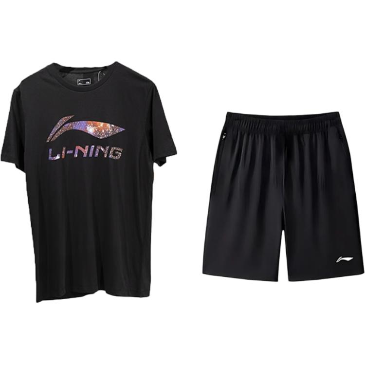 

Li-Ning Letter Logo Printed Round Neck Short Sleeve T-Shirt Loose Comfortable Trendy Shorts Casual Sports Suit Unisex suit AHSUA07-1+AKSV843-1 XL