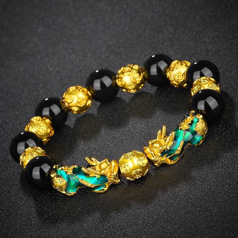 3D Color-Changing Pixiu Obsidian Bracelet with Six-Character Mantra & Temperature-Sensitive Vietnamese Gold