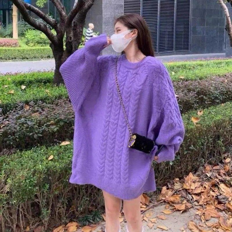 Plus Size Lazy Style Sweater Women's Mid-length Twist Round Neck Sweater Women's Pullover Loose Winter