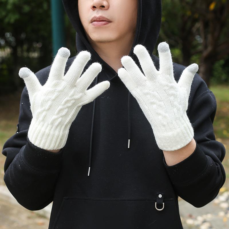 Men's Winter Split Finger Touch Screen Gloves Double Twisted Flower and Plush Thick Gloves Knitted Gloves Warm Outdoor Sports Cycling Gloves