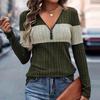 Ladies' Casual And Fashionable Color Blocked V-neck Long Sleeved Half Zipper Top