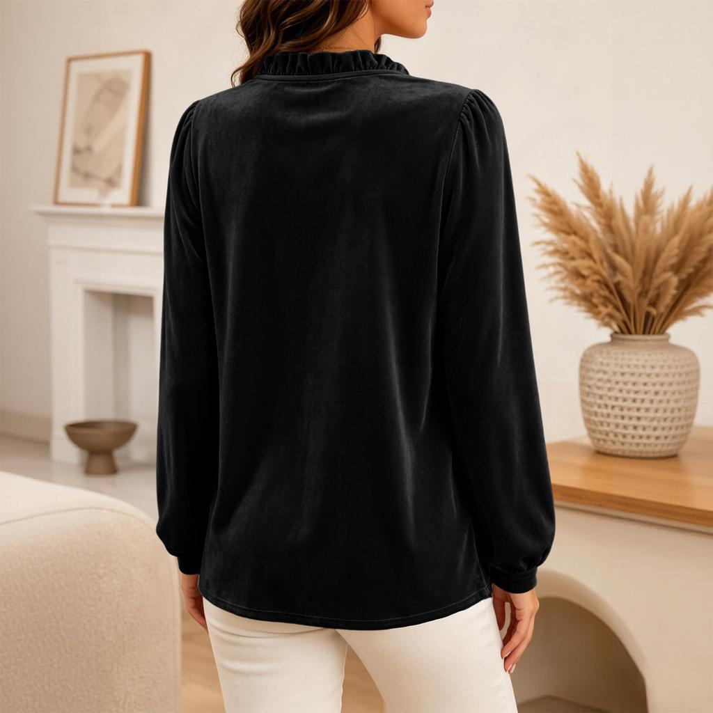 Women's Long Sleeve Velvet V-Neck Casual Blouse Top