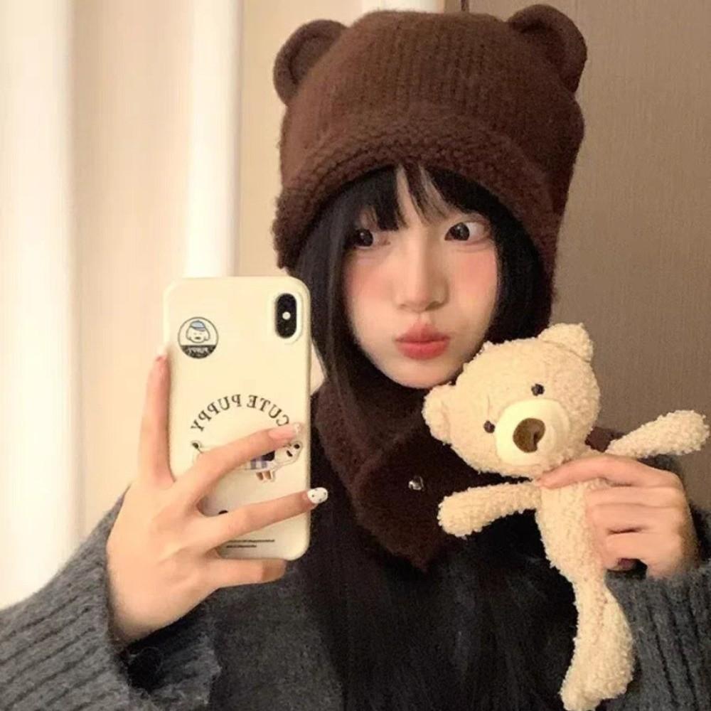 Winter Autumn Warm Beanie Hats Cute Ear Protection Cap Korean Bear Ear Knitted Cap  Ski