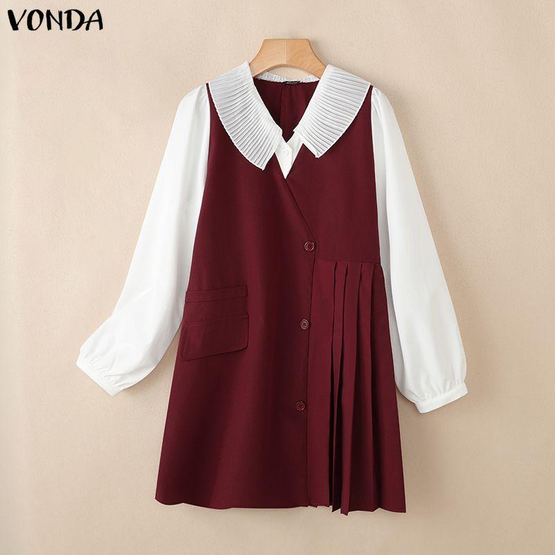 VONDA Women Lapel Neck Long Sleeve Ruffled Office Style Elegant Mini Dress