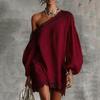 Women Off One Shoulder Loose Mini Dress, Batwing Long Sleeve Lace Trim Club Party Cocktail Dress, Summer Vacation Wedding Guest Dress