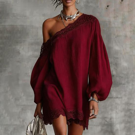 Women Off One Shoulder Loose Mini Dress, Batwing Long Sleeve Lace Trim Club Party Cocktail Dress, Summer Vacation Wedding Guest Dress