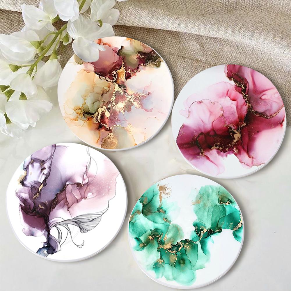 Abstract Art Coasters for Drinks Tabletop Protection Teal Watercolor Round Enamel Coasters Set with Cork Base Housewarming Gift