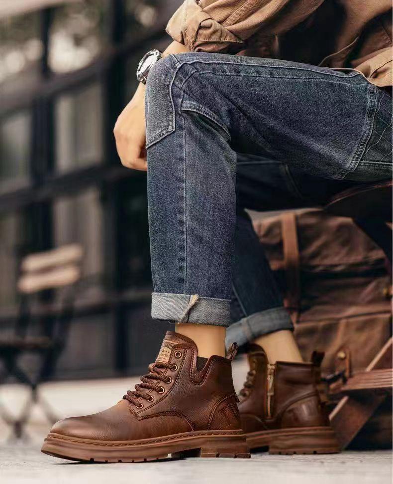Bottes Martin en Cuir Doublées de Polaire Automne/Hiver 2025 - Chaussures Décontractées Hautes Résistantes à la Saleté pour Hommes