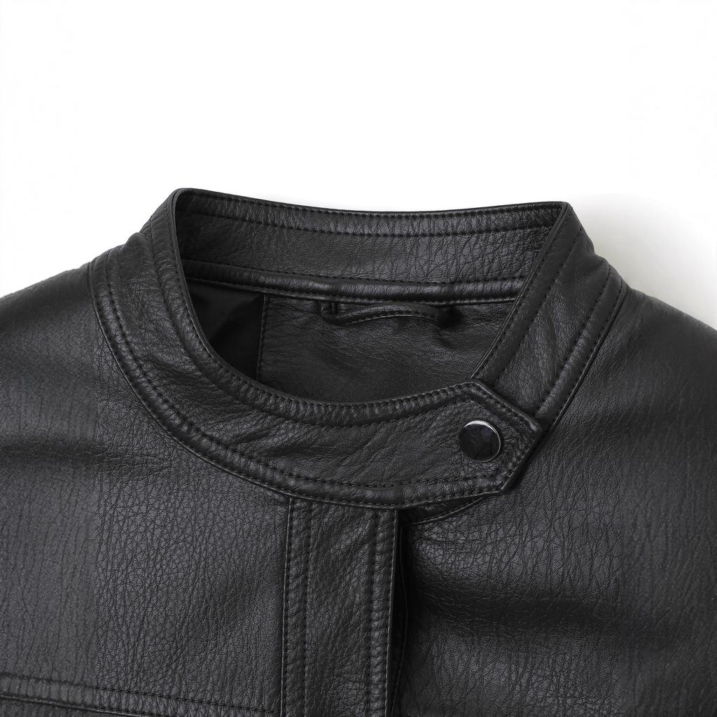 European and American autumn and winter women's PU leather jacket crew neck metal button locomotive jacket slim-fitting versatile jacket