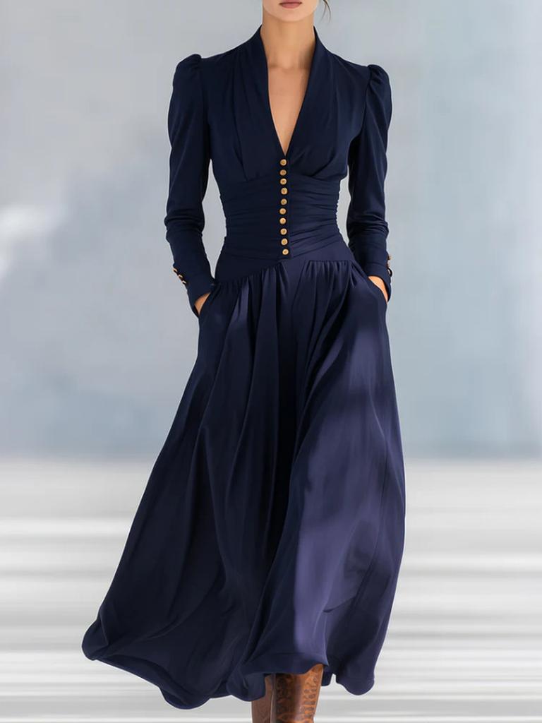 Elegant Empire Waist Dress V-Neck Bubble Sleeve Long Sleeve Maxi Dress for Women