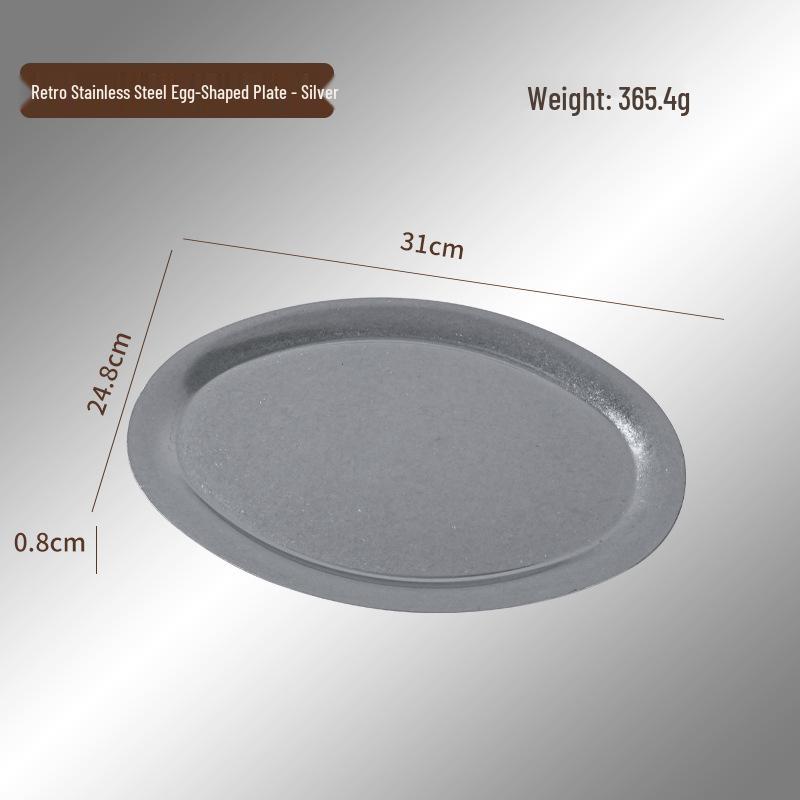Retro Japanese Egg-Shaped 304 Stainless Steel Tableware Plate - Distressed Oval BBQ Cafe Tray