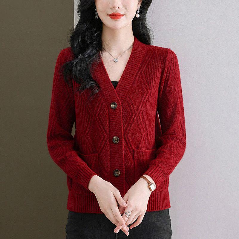 Women's Plus-Size V-Neck Sweater Jacket Loose Outer Wear Short Knit Cardigan for Spring & Autumn