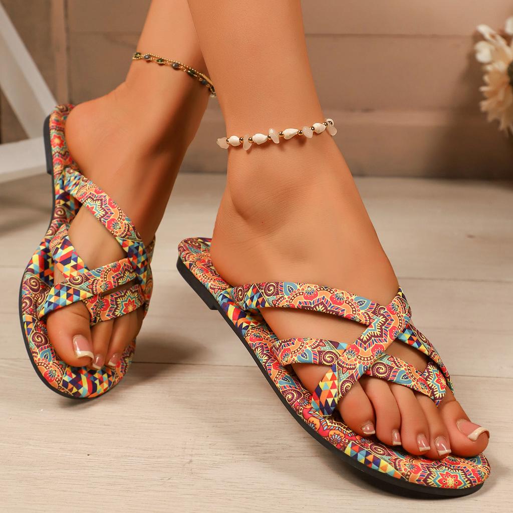 Fashion Bohemia Style Flat Sandals Women 2025 Summer Ethnic Outdoor Slippers Woman Plus Size 43 Retro Gladiator Shoes Slides