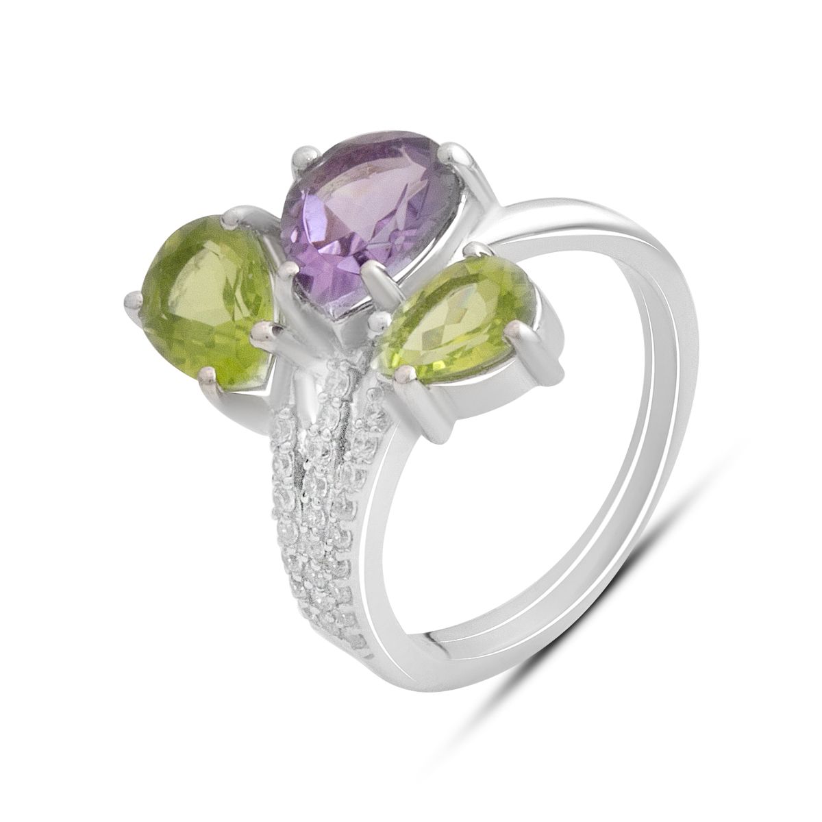 

Серебряное кольцо с натуральным аметистом, хризолітом, вес изделия 5,04 гр (2183372) 18.5 аметист