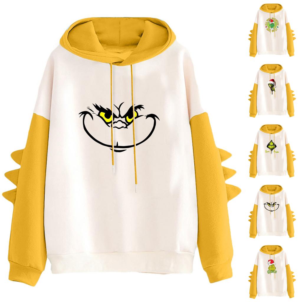 Hettegenser for kvinner med trykk og kontrasterende dinosaurmotiv, løs og avslappet passform