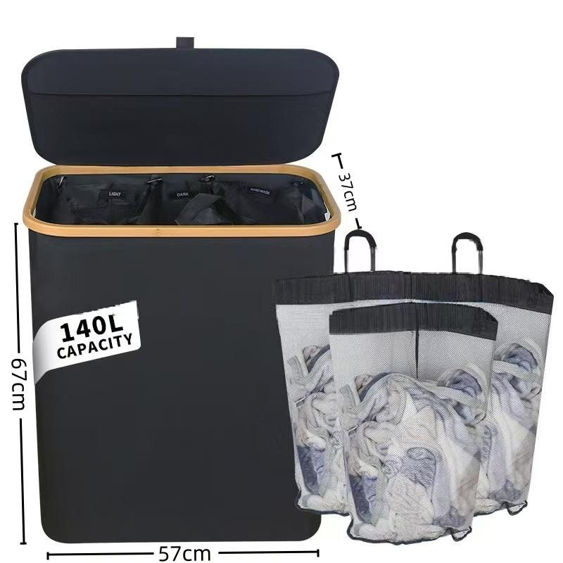 For 160 Liters 3-grid Classification Laundry Basket Dirty Laundry Basket Oxford Cloth Bamboo Magic Inner Bag Dirty Laundry Baske