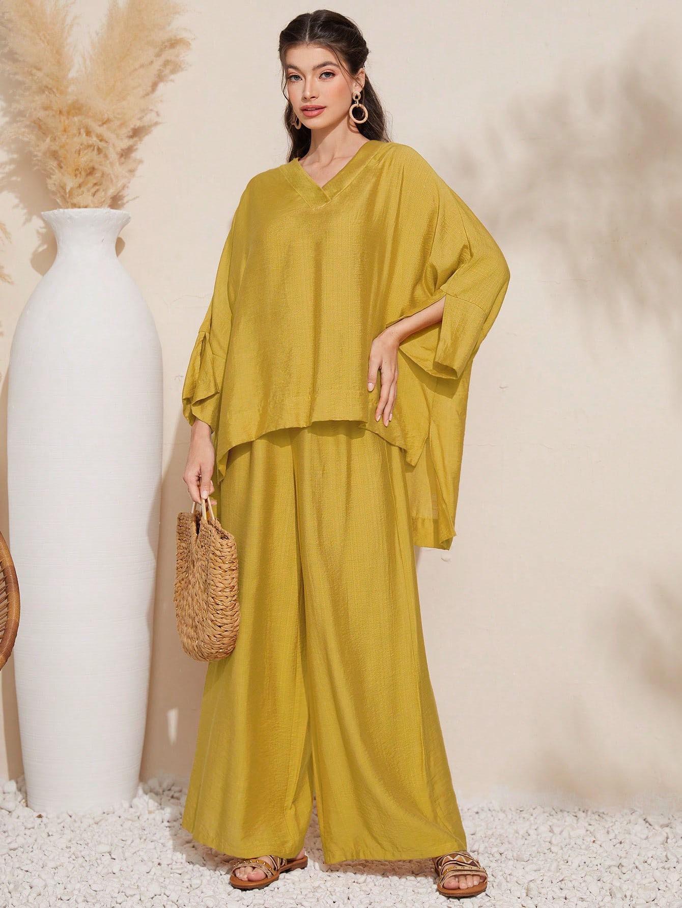 

Summer 2025 Women s Solid Batwing Sleeve Two-Piece Set S