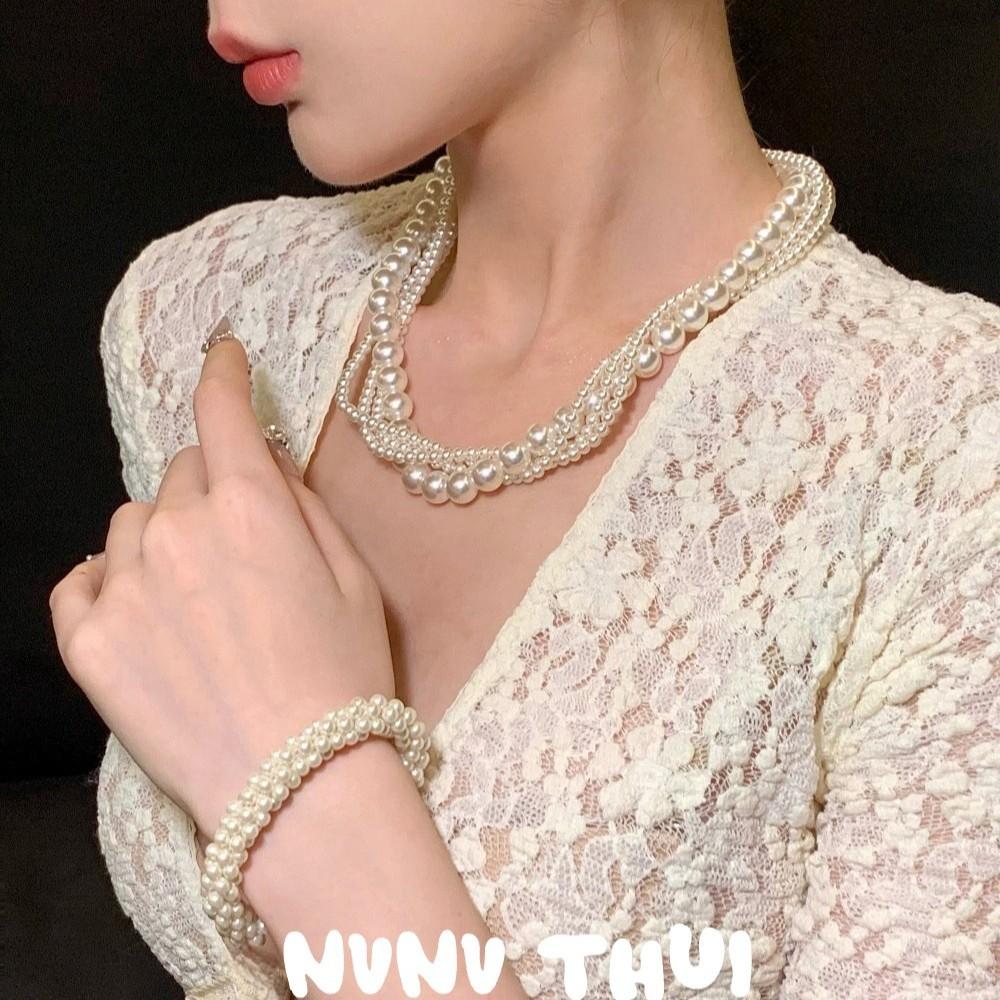 Jewelry, Court Princess Multi-Layered Pearl Necklace, Twist, Banquet Haute Couture Wheat Ear Pearl Bracelet Set