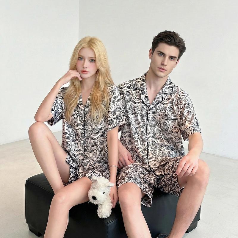 Couple pajamas women's summer ice silk short sleeves 1011 new large size men's simulated silk loungewear set