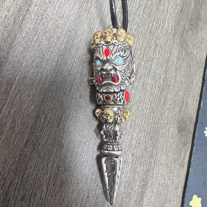 Vintage Copper Plated Fudo Myoo Vajra Pendant Necklace Men Ethnic Retro Style Bold Statement Jewelry