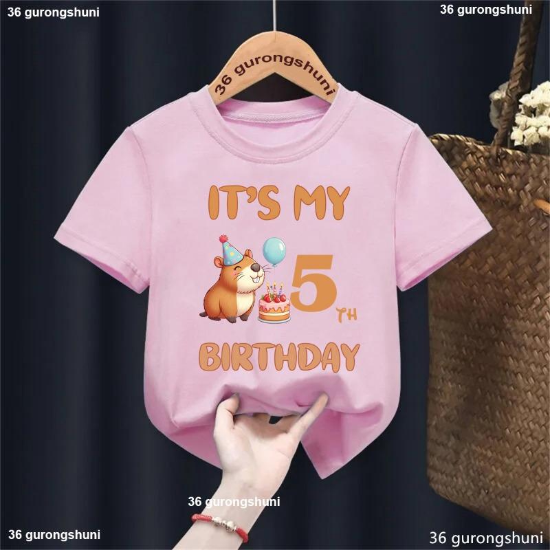 It'S My 4th/5th Birthday Capybara Balloon Printed Tshirt Girls/Boys Celebrate Birthday Gift Kids Clothes Kawaii Solid T-Shirt