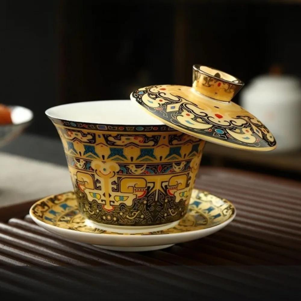 Large gilt covered bowl Chinese style enamel colored ceramic Sancai tea bowl Retro gilt silver palace style tea set