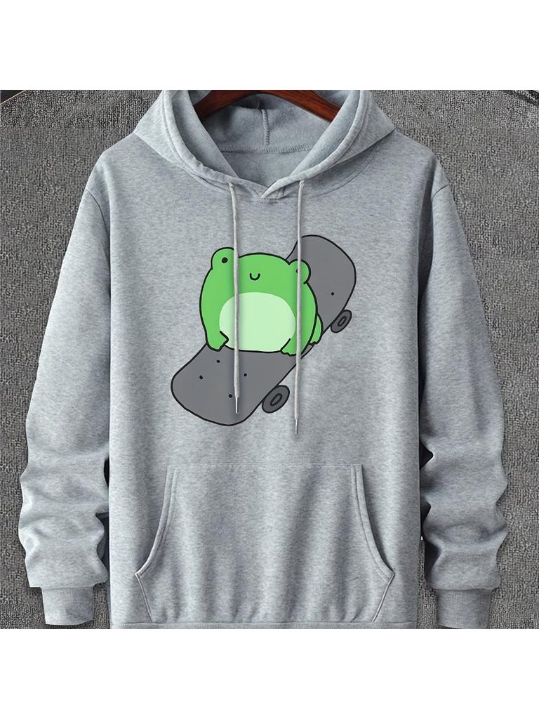 Cartoon Frog Skateboard Hoodie Front Street Style Print Loose Long Sleeve Casual Fleece Pullover Sweatshirt