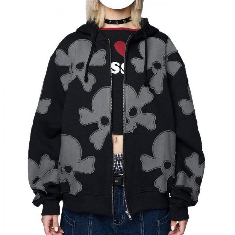 Übergroßer Kapuzen-Reißverschluss-Sweatshirt Mit Totenkopf-Print Streetwear Lockerer Schnitt Damen Herbst Winter
