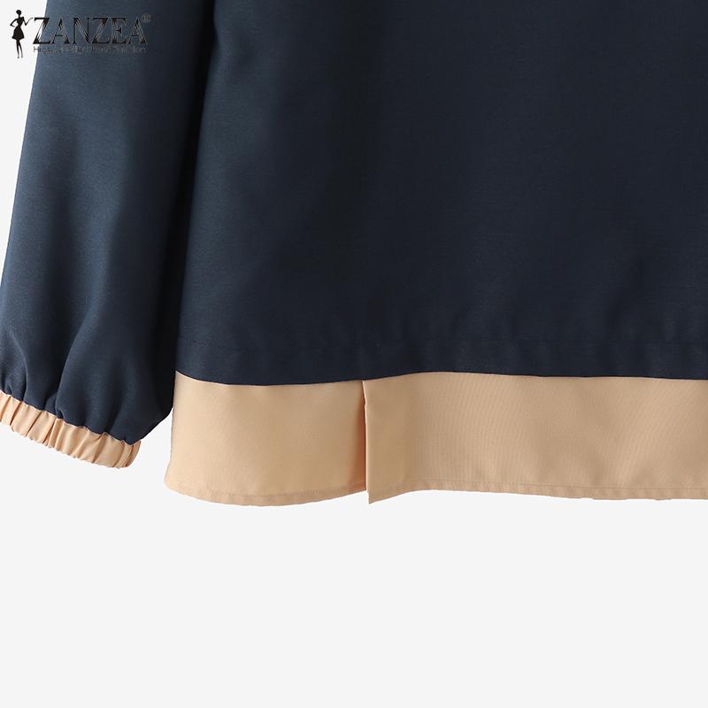 ZANZEA Damen Herbst Rundhals Colorblock Langarm Blusen