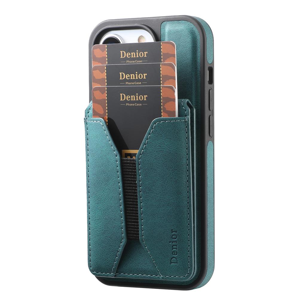 DENIOR D17 For iPhone 15 Pro Magnetic Case Leather Back Cover Detachable Card Bag Kickstand