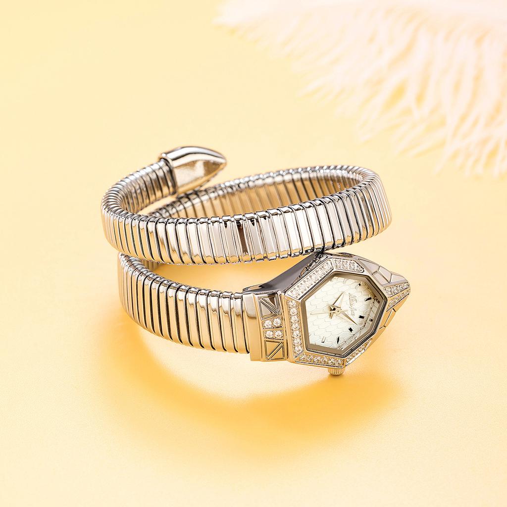 MISSFOX Classic Snake Shape Watch For Women Gold Silver Scaleable Bracelet Womens Watches Bling Diamonds Quartz Ladies Wristwatch