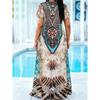 Plus Size Ethnic Print Short Sleeve Maxi Dress, round Neck Loose Casual Sundress With Side Pockets,Beach Vacation Long Dress