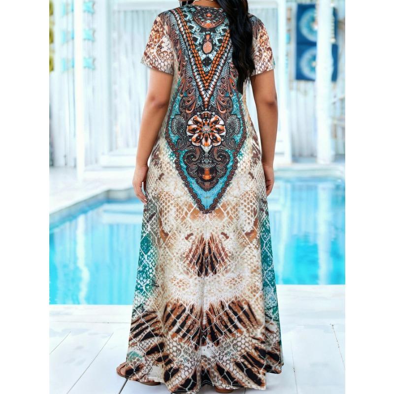 Plus Size Ethnic Print Short Sleeve Maxi Dress, round Neck Loose Casual Sundress With Side Pockets,Beach Vacation Long Dress