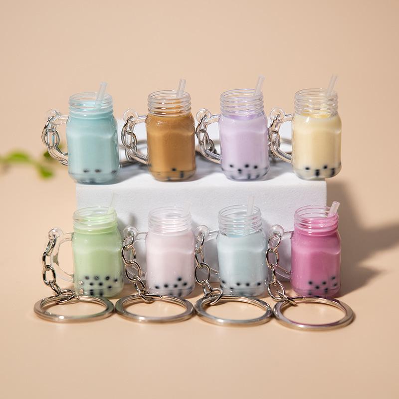 Simulation Milk Tea Cup Keychain Creative Bag Pendant Small Gift for Tea Shops Couple Family Keychain Pendant